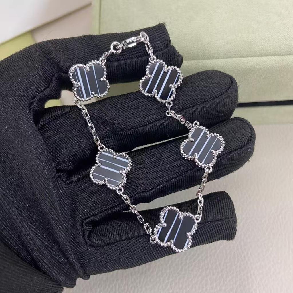 Women's Four-leaf Clover Bracelet 18k Rose Gold High Version Striped Black Chalcedony Lucky Clover Bracelet