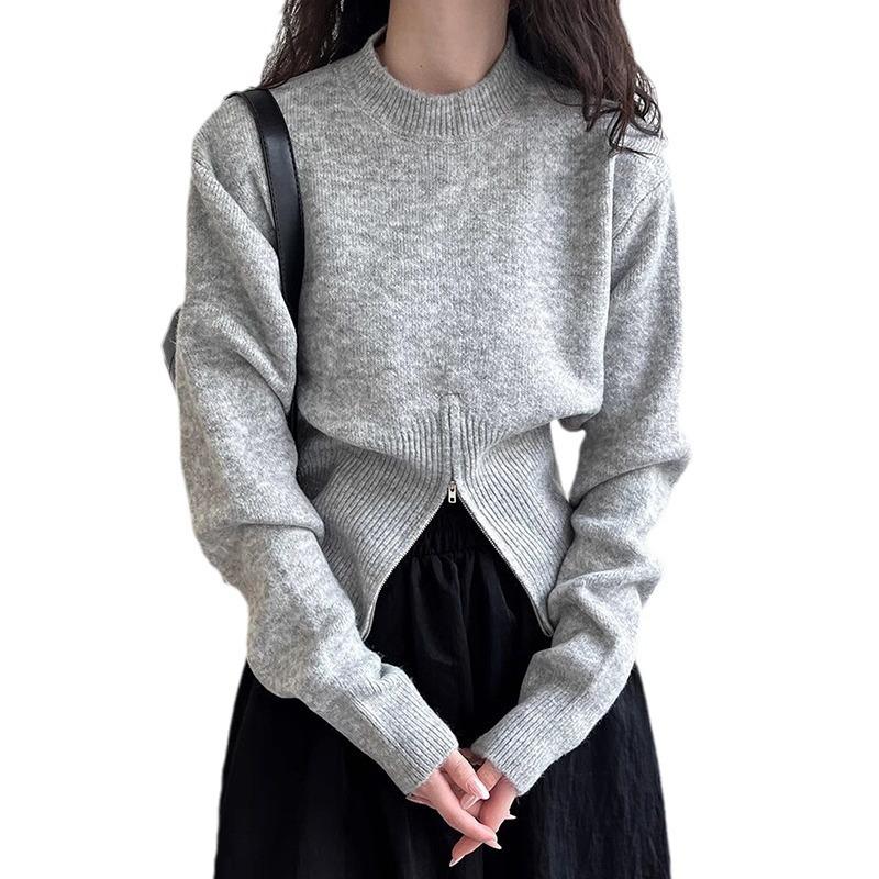 Autumn and Winter Short Zip Pullover Sweater Women's Waisted Round Neck Pullover