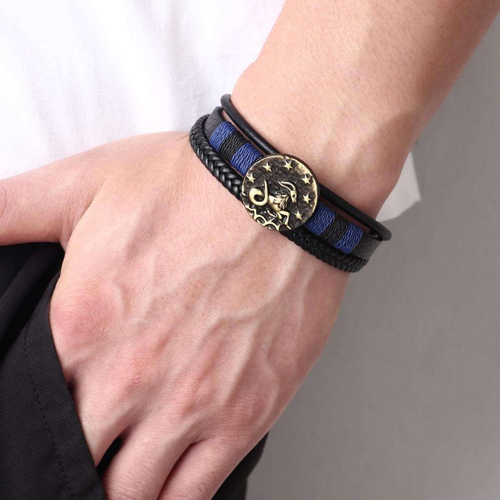 JMXD 12 Zodiac Punk Style Studded Leather Bracelet Hand-Woven Rope Zodiac Band Fashion Accessory Unisex Gift