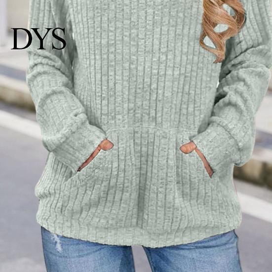 Warm Long-sleeve Sweater Women Knitted Hooded Long Sleeve Loose Fit Ribbed Knitting Pullover Tops with Pockets Casual Solid Color Autumn Knitwear