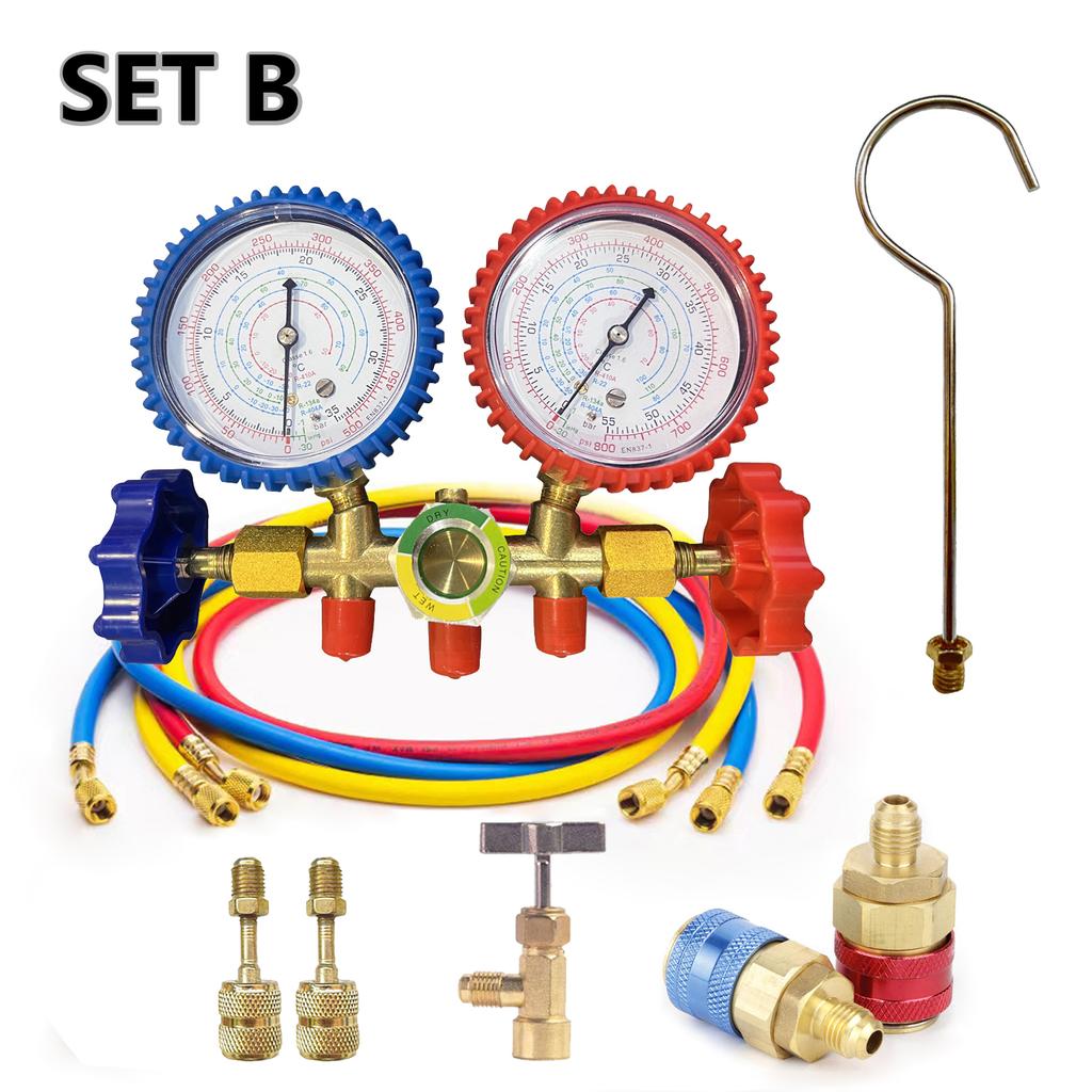 R134a Air Conditioning Pressure Gauge with Hose and Hook 3 Way AC Diagnostic Manifold Gauge Set Freon For R12 R22 R404A R134a