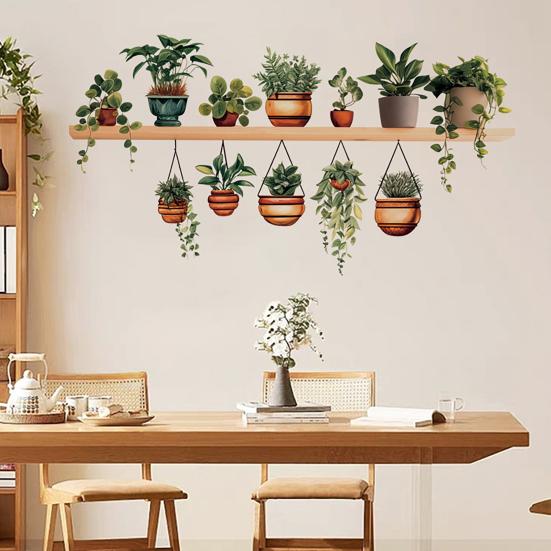 Potted Green Plant Shelf Wall Decal Tropical Plants Green Leaves Wall Stickers Removable Wall Art Murals for Living Room Bedroom Kitchen Office
