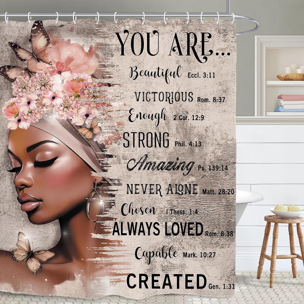 African American Flower Shower Curtain, Black Girl Marble Design, Inspirational Motivational Print, Waterproof Polyester