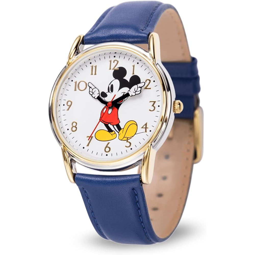 Disney Mickey Mouse Classic Analog Quartz Watch Blue Leather Strap for Adults