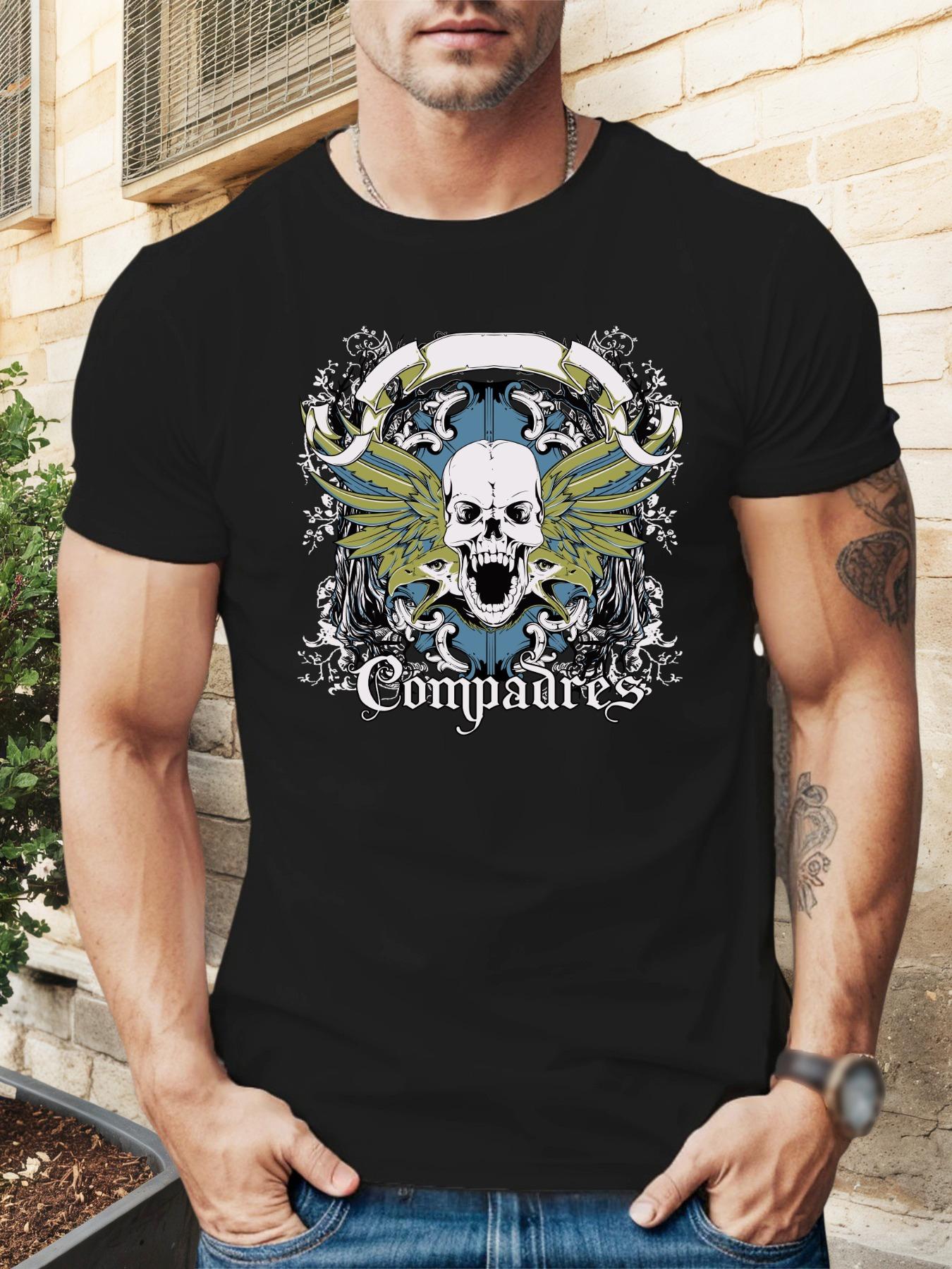 Graphic T-shirt - White Tee with Bold Compadres Skull Design L
