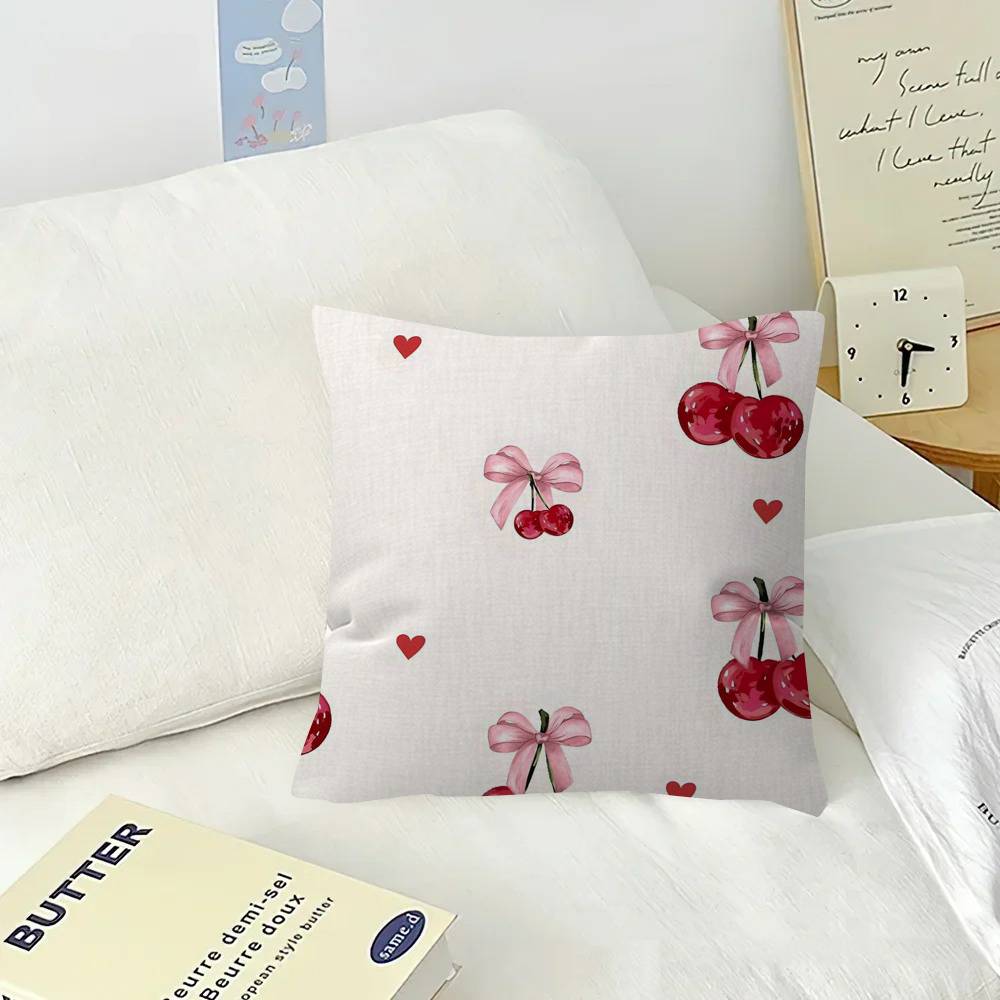 Art Pink Bow Cherry Lovely Kawaii  Cushion Cover  Polyester Sofa Cushions Decorative Throw Pillows Home Decoration Pillowcover