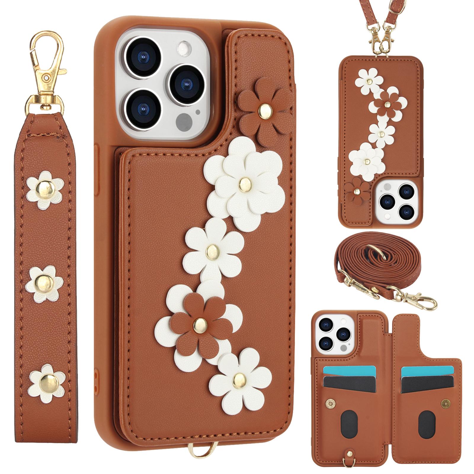 

SY-001 For iPhone 16 Pro Case Card Slots Leather Coated TPU Flower Phone Cover E