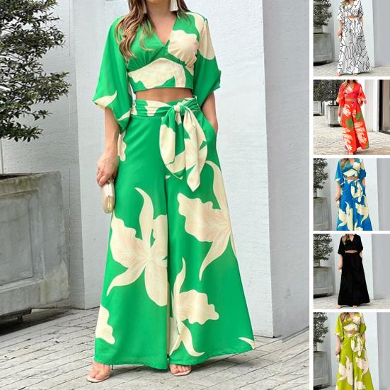 

2 шт./компл., повседневный наряд с v-образным вырезом, короткими рукавами и высокой талией, карманами, офисный женский укороченный топ с цветочным принтом, комплект широких брюк, уличная одежда L зелёный