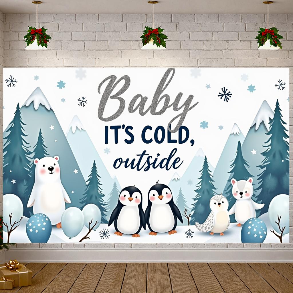 Winter Party Display Glitter Text Arctic Animals Backdrop Penguin Theme Backdrop Winter Forest Scene Winter  Banner