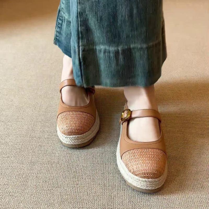 Maillard~ Woven splicing wedge heel slippers women's bag head half drag summer wear retro straw thick-bottomed cool slippers