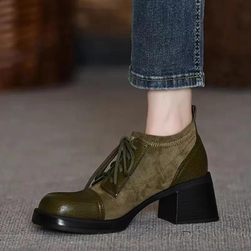 Thick Heeled Lace Up Single Shoes for Women's Spring New Style Square Toe Deep Mouth Single Shoes Thick Soled High Heels