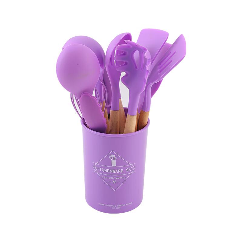 Ru Han 11-Piece Silicone Kitchen Utensil Set with Wooden Handle & Storage Bucket