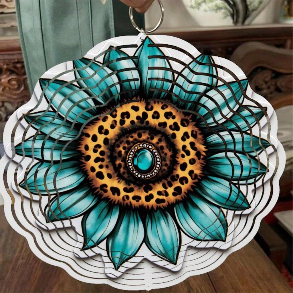 Sunflower Gemstone 2D Metal Wind Spinner Blue Green Golden Stained Glass Hanging Ornament for Garden Home Indoor Outdoor Holiday Gift