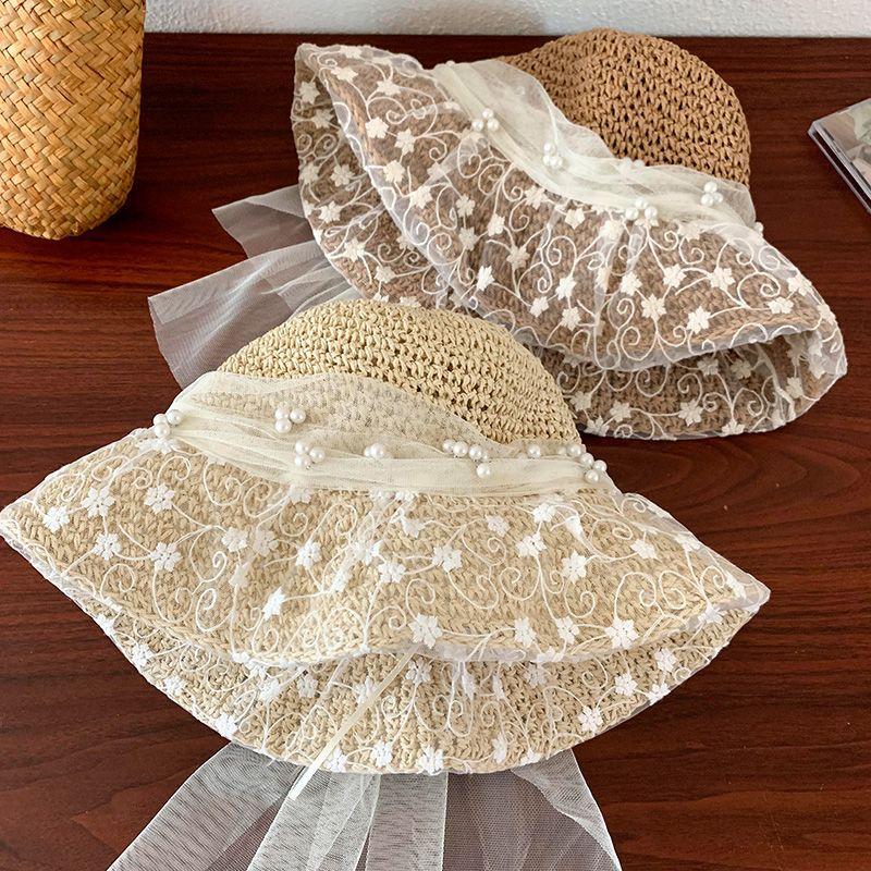 Handmade Hat Rustic Style Forest Style French Lace Flower Sunshade Mesh Pearl Vacation Sunshade Hat