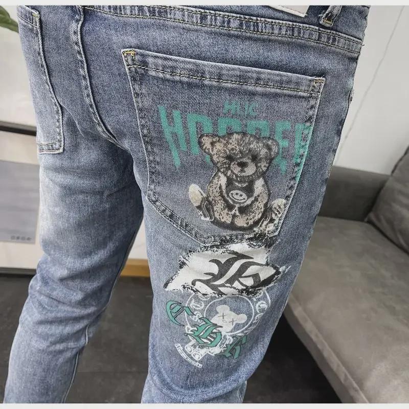 Jeans Azules Estampados Slim Fit para Hombre - Tendencia Verano 2023, Estilo Coreano