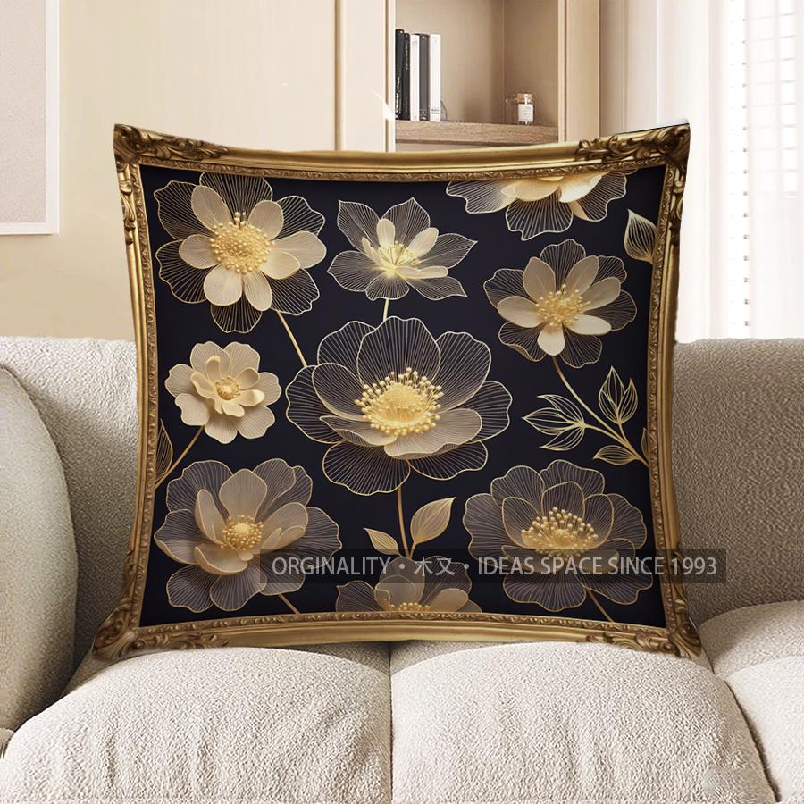 2D Gorgeous Gold Floral Patterned Cushion Covers Pattern Cushion Cover Suitable For Sofa Bedroom Car Pillow Cover