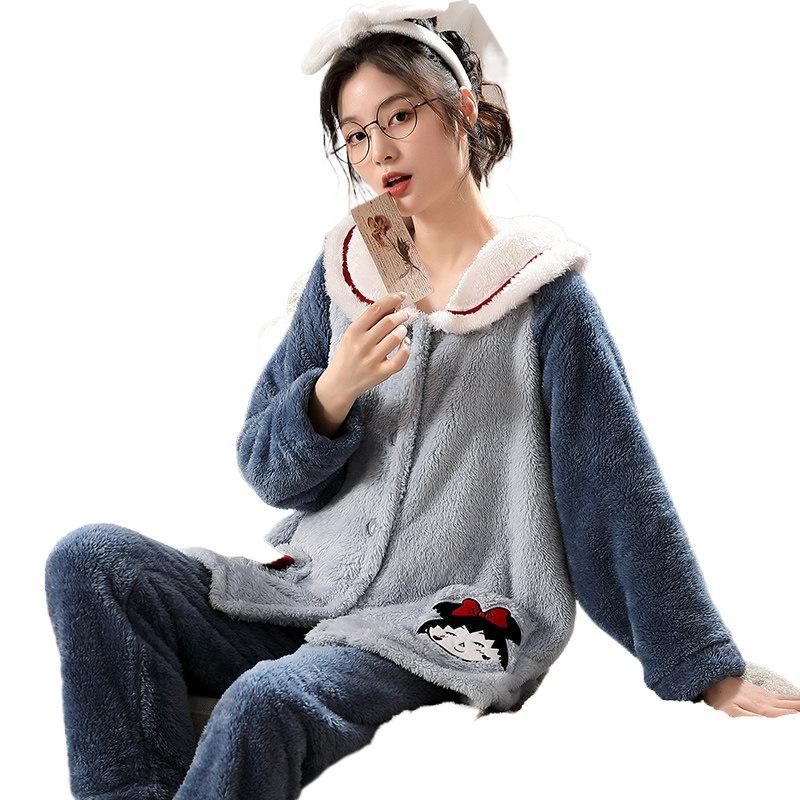Thickened Warm Flannel Pajamas Woman Winter Student Cartoon Nightwear Long Sleeve Long Trousers Ladies Sleepwear 2PCS