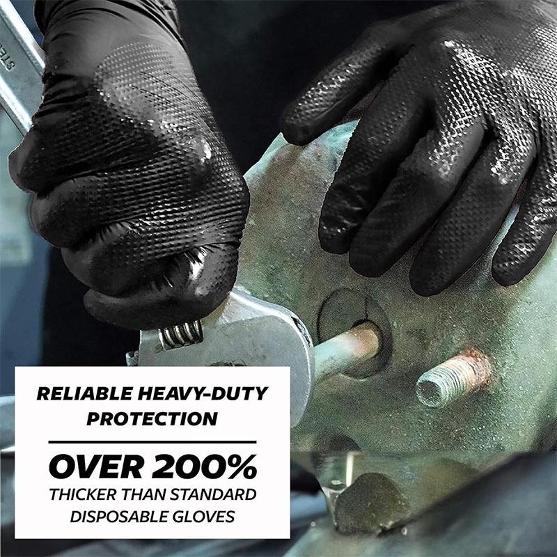 Heavy Duty Black Nitrile Gloves 8Mil Industrial Disposable Gloves with Diamond Textured Grip for Mechanic Safety & Work Gloves