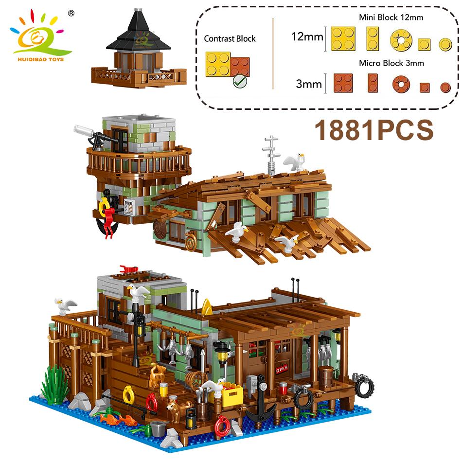 HUIQIBAO City MINI Fishing Village Cabin Micro Building Blocks DIY Fish House Pier With Liight Set Bricks Toys Children Adult