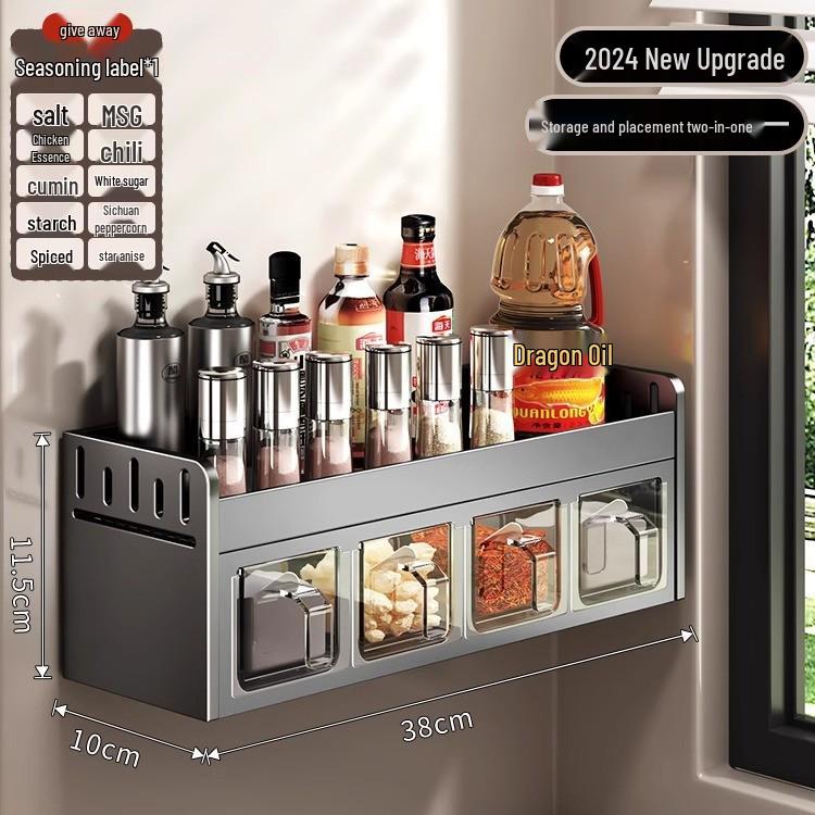 Wall-Mounted Kitchen Seasoning Rack: Punch-Free Multifunctional Condiment Set with Jars