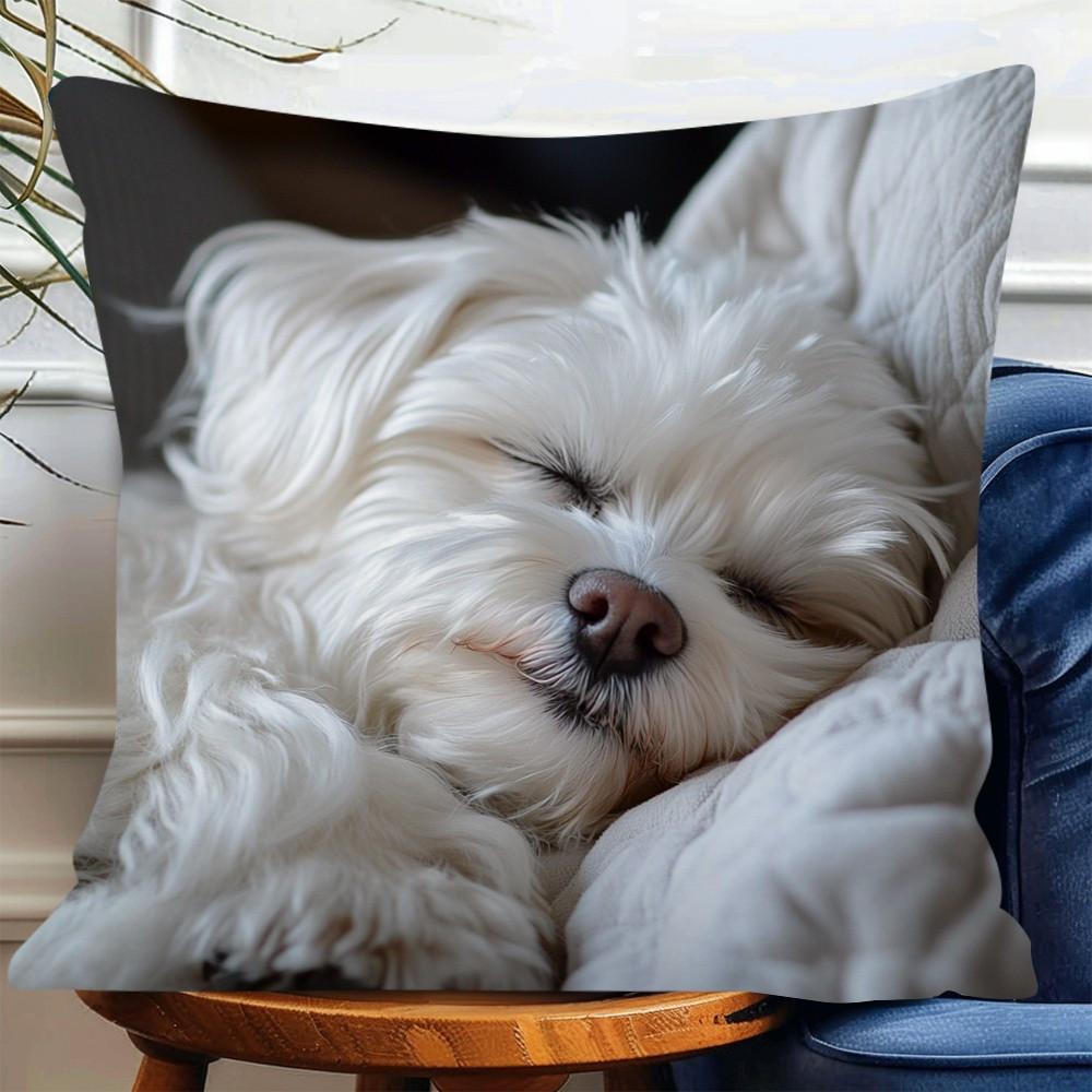 1Pc Sleeping Maltese Printed Throw Pillow Cover, Suitable For Sofa, Bedroom, Living Room, A Heartwarming Gift For Dog Lovers.