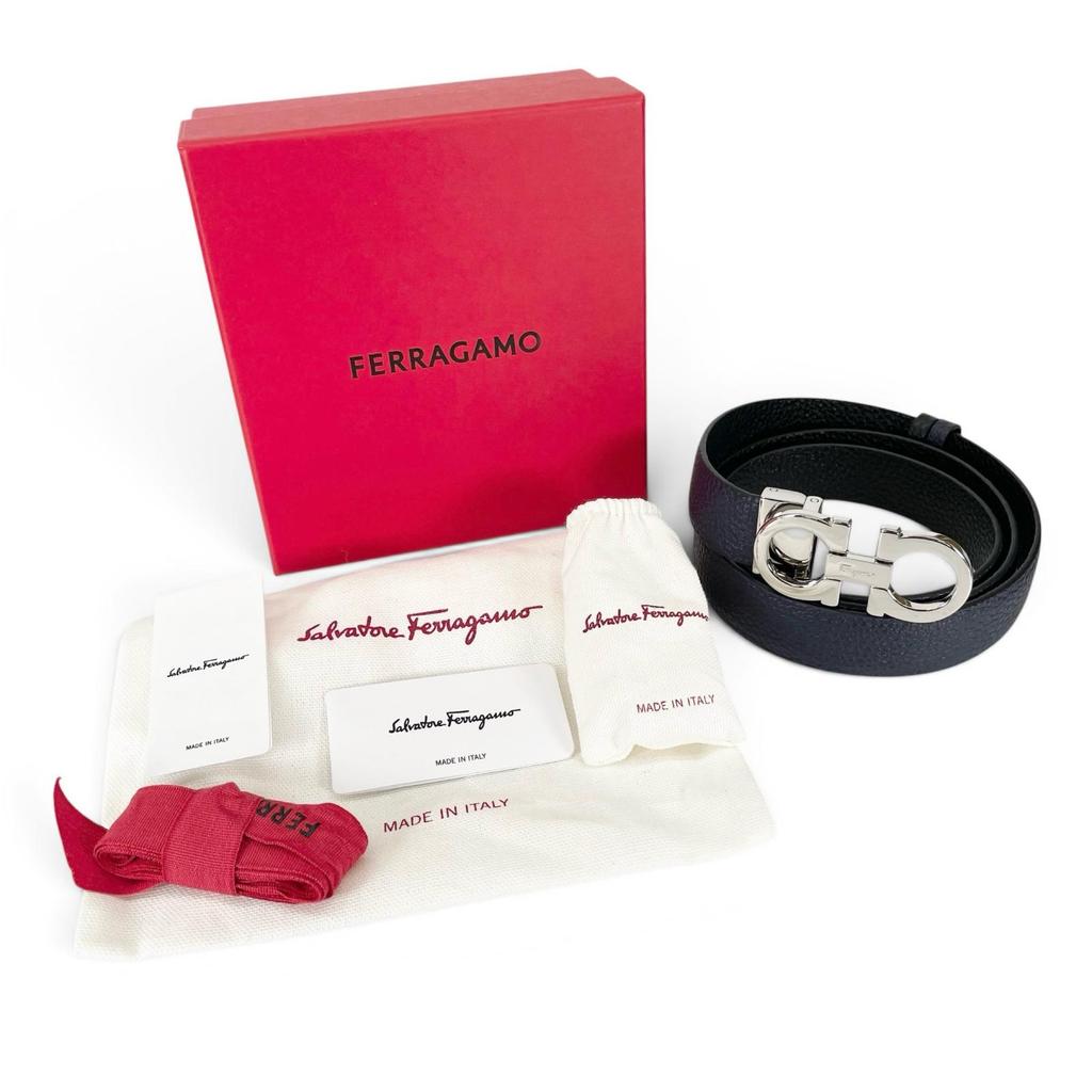 Pristine Salvatore Ferragamo Belt Double Gancini Reversible Navy Leather Mens Used