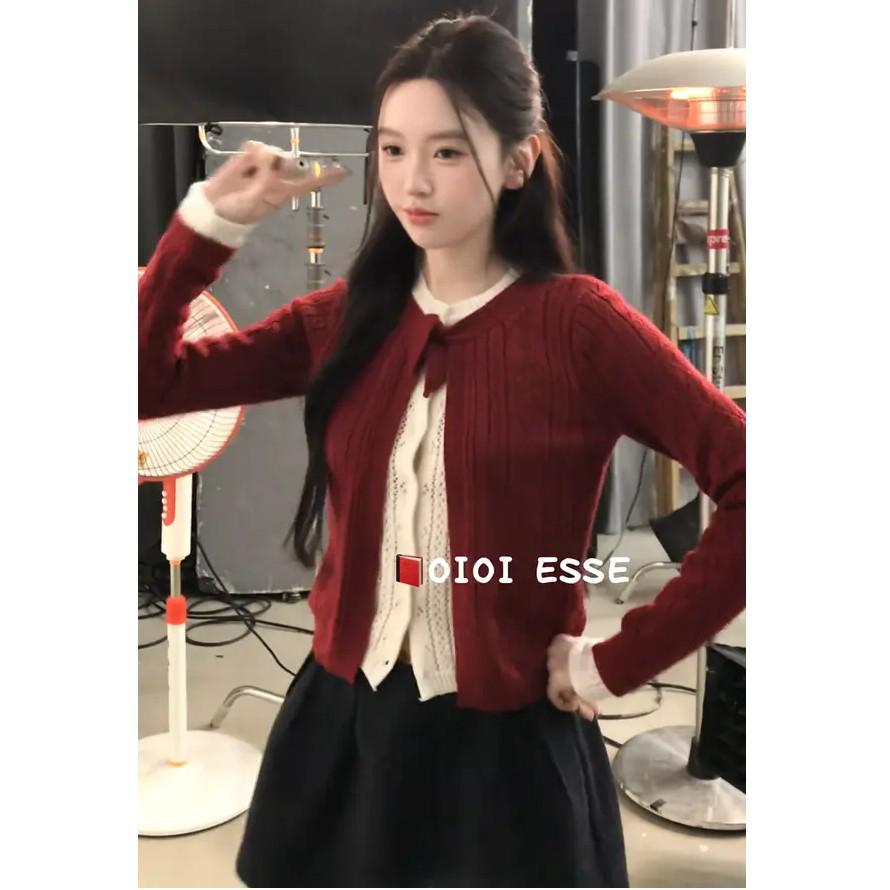 Women's 2026 Fall/Winter Red Patchwork Knit Top and Skirt Set - Sweet, Chic, Age-Reducing Design