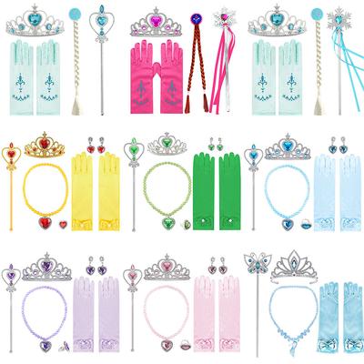 Kinder Prinzessinnenparty Zubehör Mädchen Cosplay Kostüm Set Kinder Krone Zauberstab Handschuhe Ohrringe Ring Halskette Mehrfarbig Zubehör