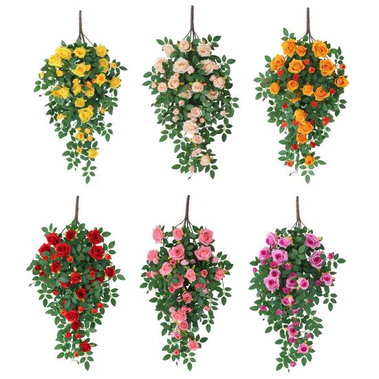 Konstgjorda blommor i rotting med 6 huvuden, falska hängande rosenrankor, konstgjorda sidenblommor i rotting för DIY-bakgrundsdekoration i bröllopsrum