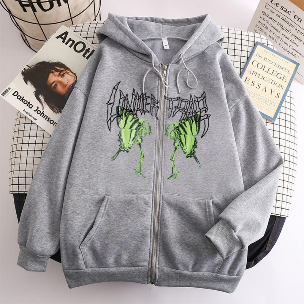 Women's Hooded Zip Up Loose Fit Long Sleeve Printed Butterfly Casual Cardigan Sweatshirt Jacket