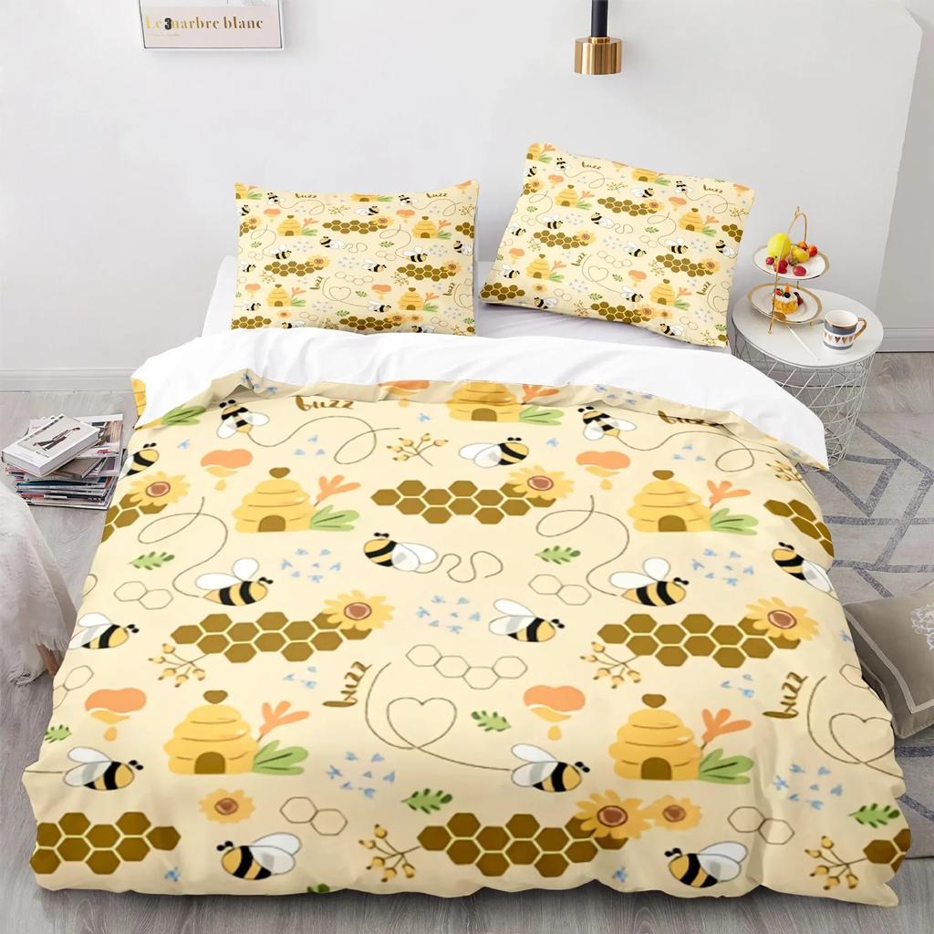 Honey Bee Duvet Cover Set, Black White Printing Bedding Set, Twin/Full/Queen/King Size Crown Quilt Cover for Girls Boys