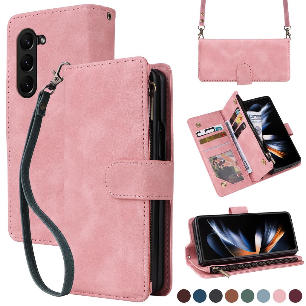 Applicable to Samsung Z Fold 6 leather case Z Flip5 folding mobile phone retro matte zipper wallet diagonal straddle
