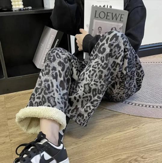 GMXIA Fleece Plaid Pants Women's Autumn and Winter Thickened High-waisted Slimming Straight Leg Casual Floor Wide Leg Pants