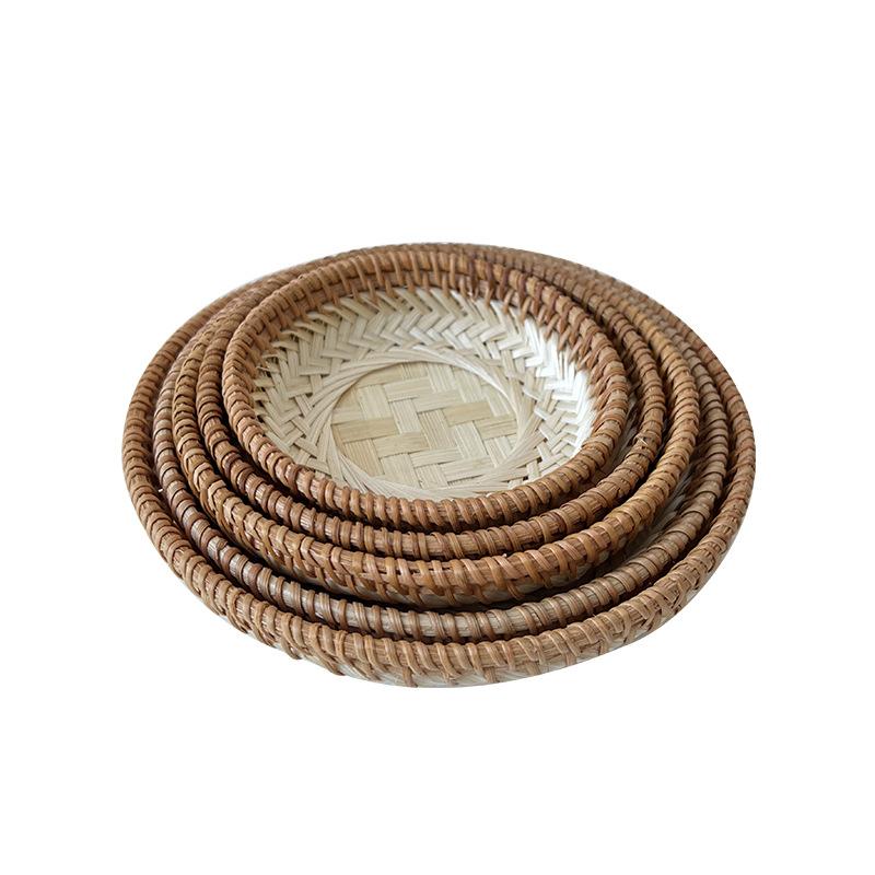 5pcs Handcrafted Bamboo and Rattan Round Tea Snacks Fruit and Dried Nuts Snack Dishes Bamboo Storage Basket Chinese Pastry Plate