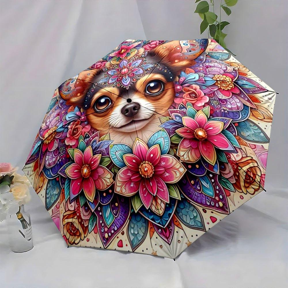Folding Umbrella Chihuahua Surrounded by Vibrant Floral Mandala Creative Portable Folding Umbrella Christmas and Other Holiday