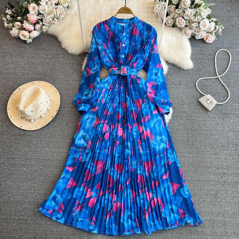 

Retro Long Sleeves Stand Collar Pleated Elegance Large Swing Dress Dark Blue All yards