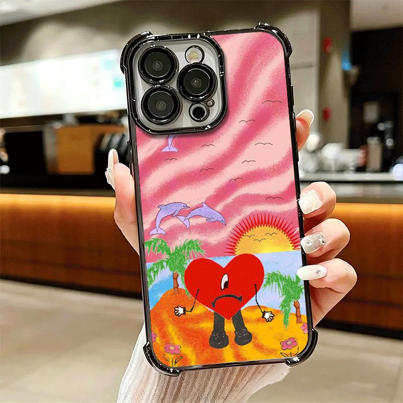 Bad Bunny Heart Plating Phone Case For Iphone 16 17 Pro Max Air 16E 14 15 Plus 12 13 Mini Anti-Fall Airabag Cover