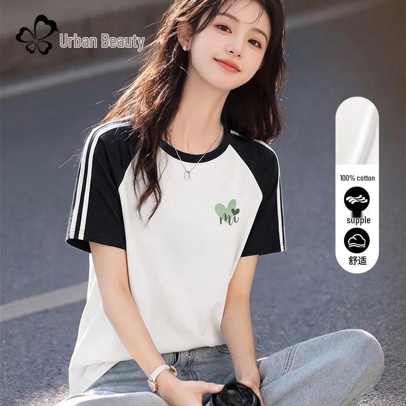Women s 2026 Summer Contrast Raglan Sleeve 100% Cotton T-Shirt 2XL