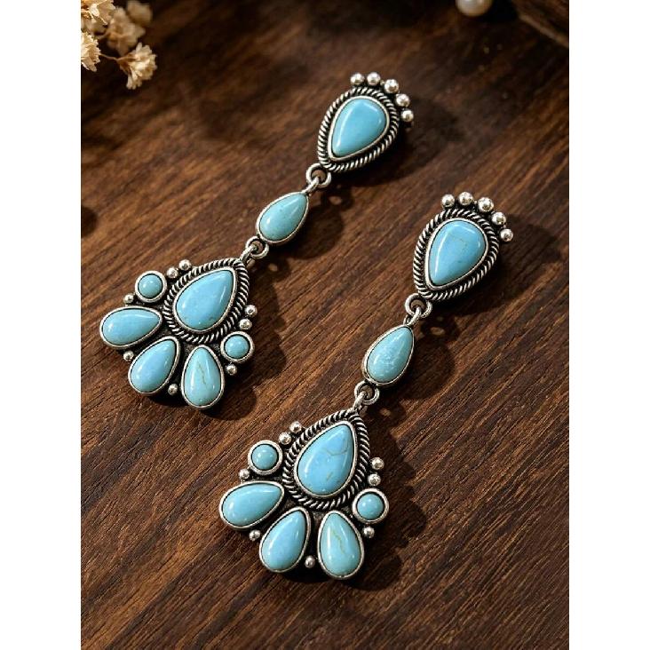1 Pair Western Style Artificial Turquoise Long Water Drop Earrings, Vintage Bohemian Ear Jewelry