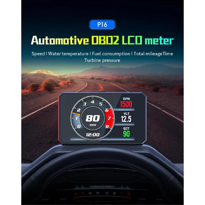 P16 LCD Gauge OBD2 Head Up Display Turbo Boost Oil Pressure Oil Temperature Fuel Consumption Car Speed Gauge
