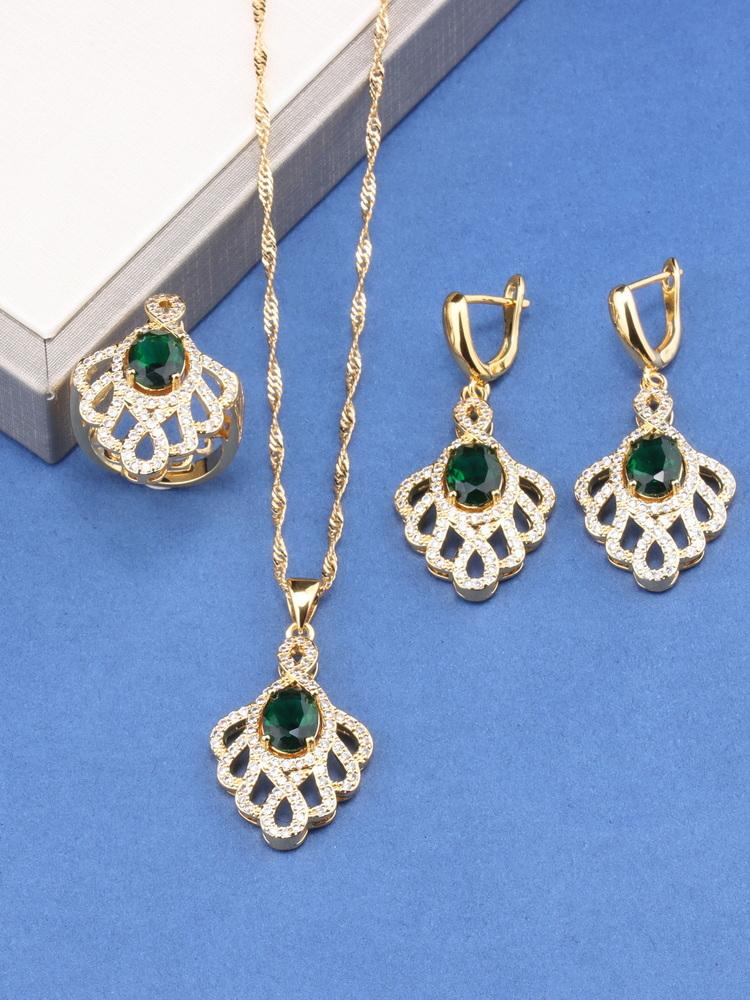 Unique  Gold Plated Wedding Accessories Big Jewelry Sets Colorful Zircon Bridal Necklace And Earrings Ring For Women Gift