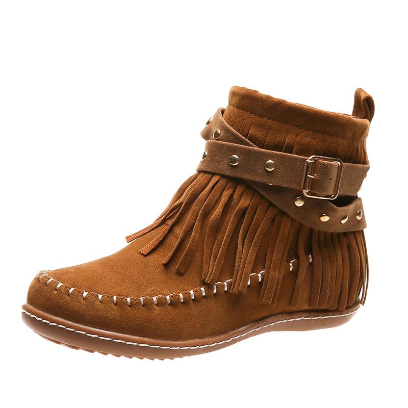 Ankle Boots Women's Flat Shoes Fringed Gothic Female Sneakers Woman Cowgirl Luxury Elegant Belt Buckle Rivet Plus Size 43 Socofy