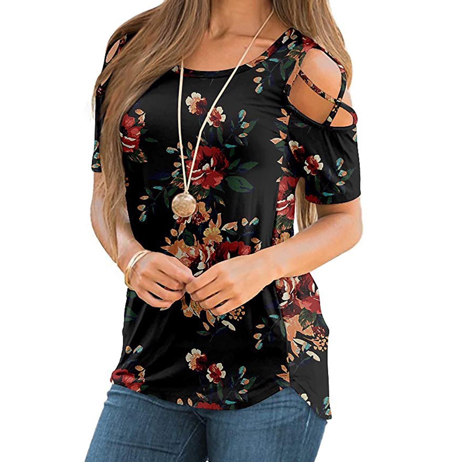 

Women s Summer Printing Short Sleeve Strappy Cold Shoulder T-Shirt Tops Blouses L чорний