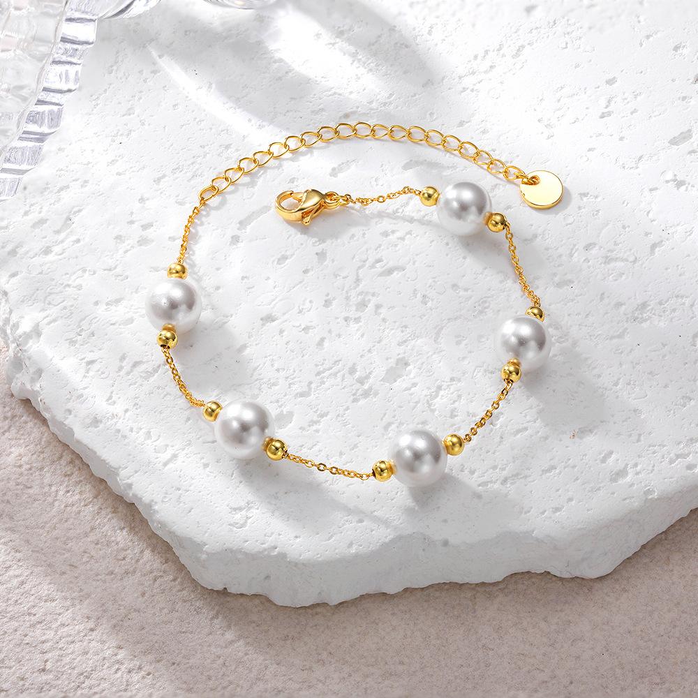 18K Gold Imitation Pearl Bracelet Stainless Steel Clip Gold Bead Chain Simple Fine Commuter Accessories