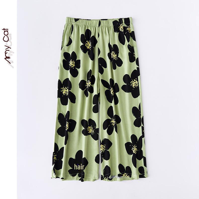 

Женская зеленая пижама из хлопкового атласа с цветочным принтом — удобная одежда для дома и улицы L, wide leg pants зелёный