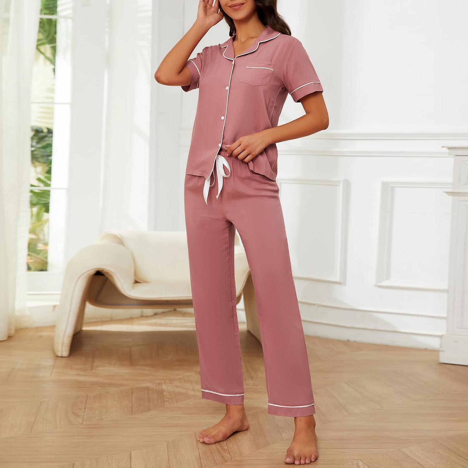 

Пижама женская однотонная с короткими рукавами и длинными брюками домашняя одежда комплект из двух предметов XL розовый