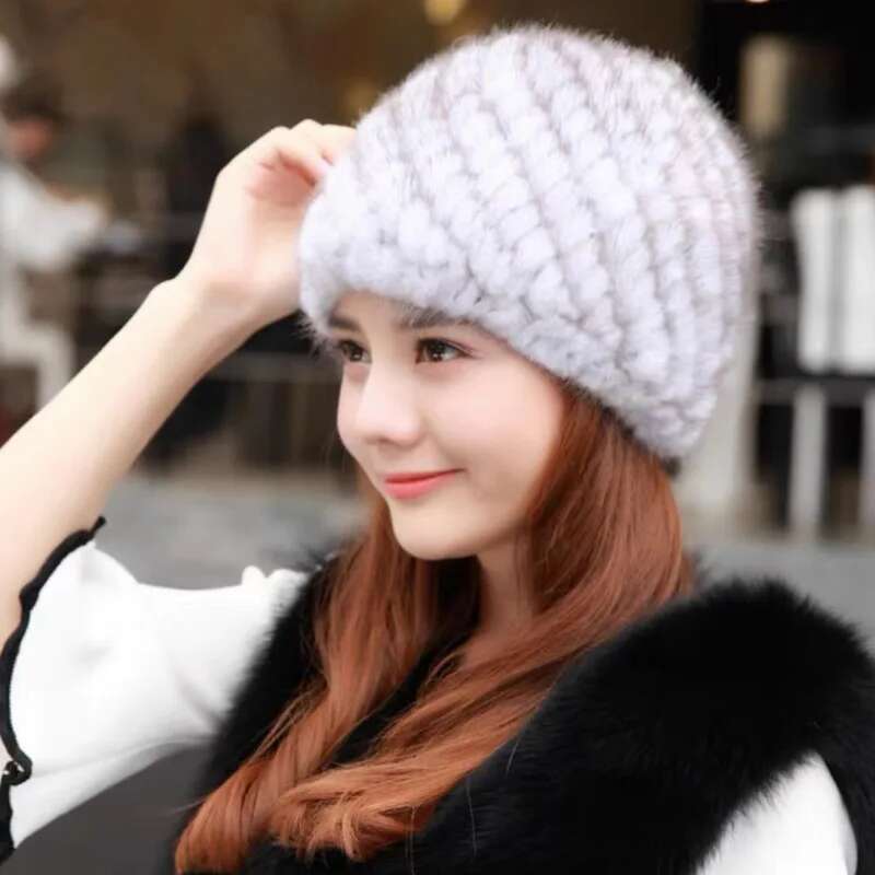 Mink Fur Hats For Women Fashion Ear Protection And Warm Natural Fur Knitted Hat Fluffy Fur Caps Ladies Black Fur Caps Winter Cap