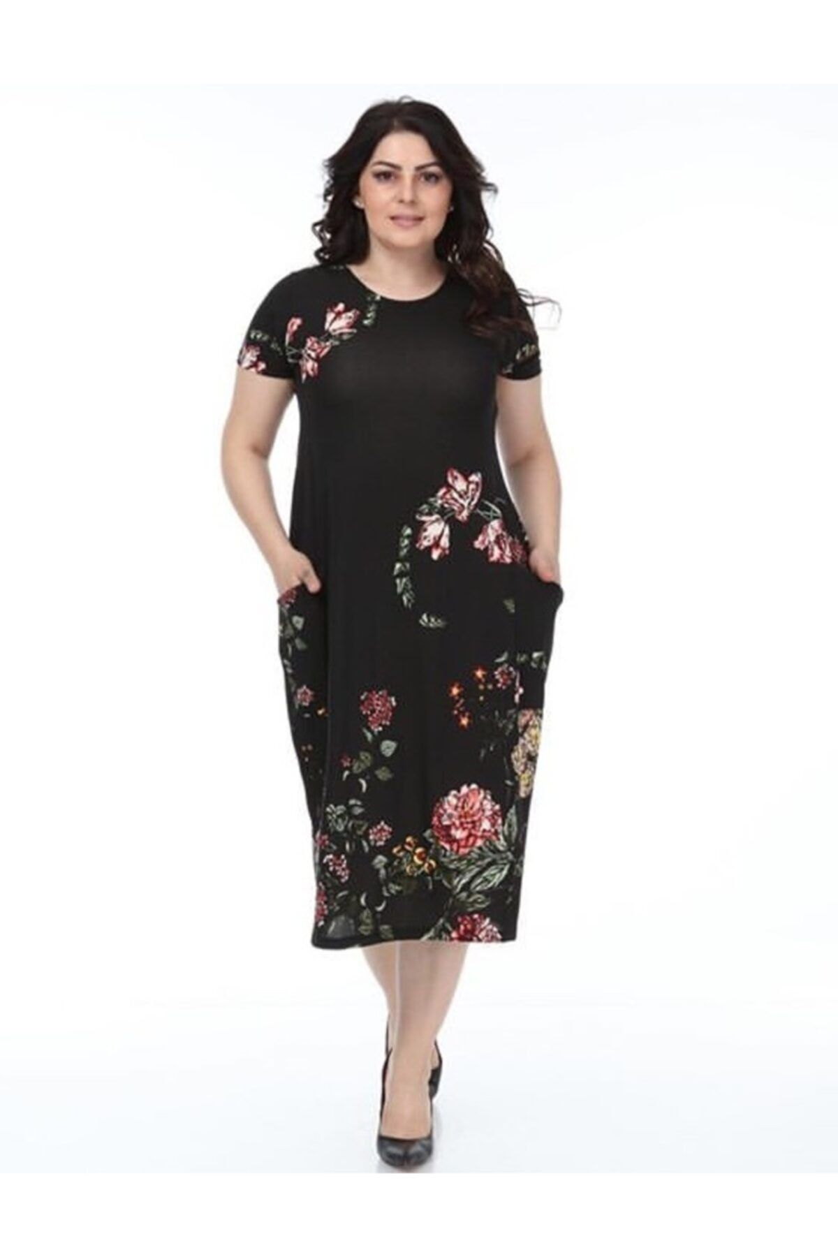 

Женское платье большого размера, черное платье с карманами и короткими рукавами с рисунком 3XL/4XL