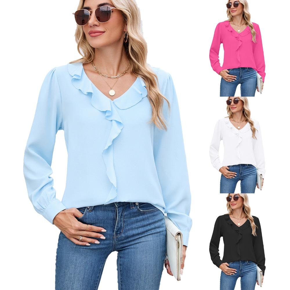 Women's V-Neck Long Sleeve Solid Color Blouse Loose Fit Casual Basic Polyester Top