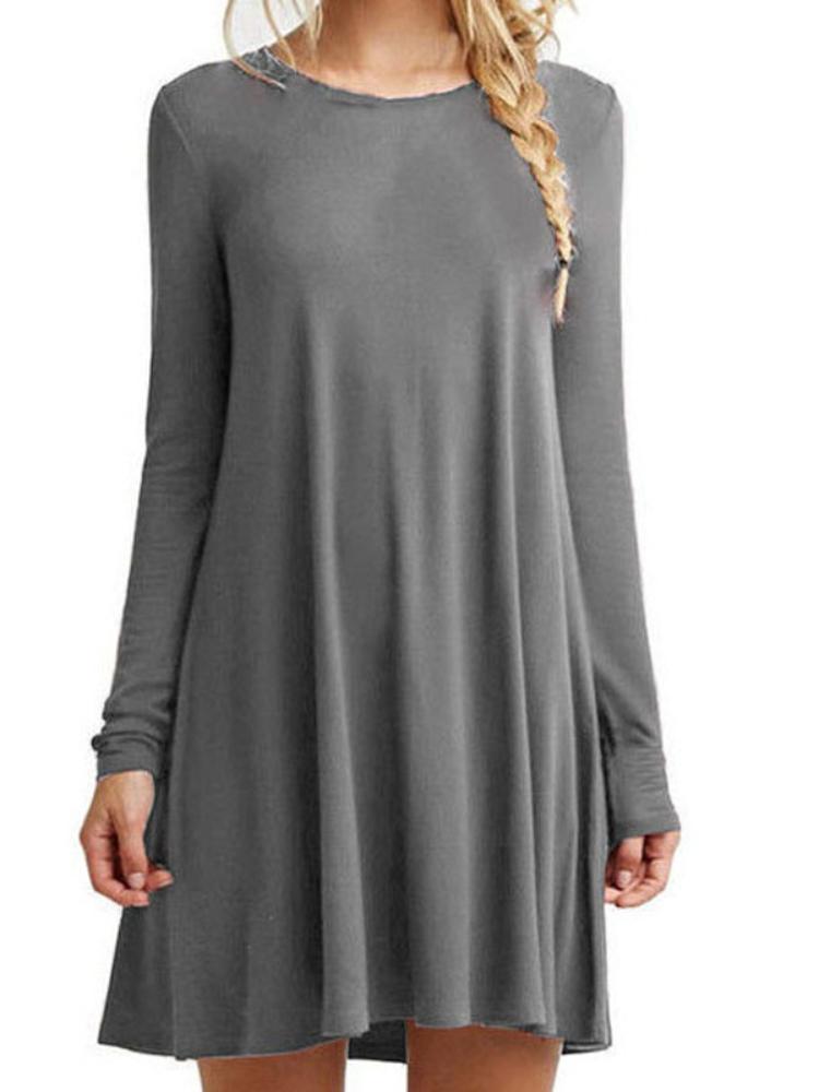 Women Long Sleeve Pleated Swing Loose Dress Women Solid Color Round Neck Casual Dress